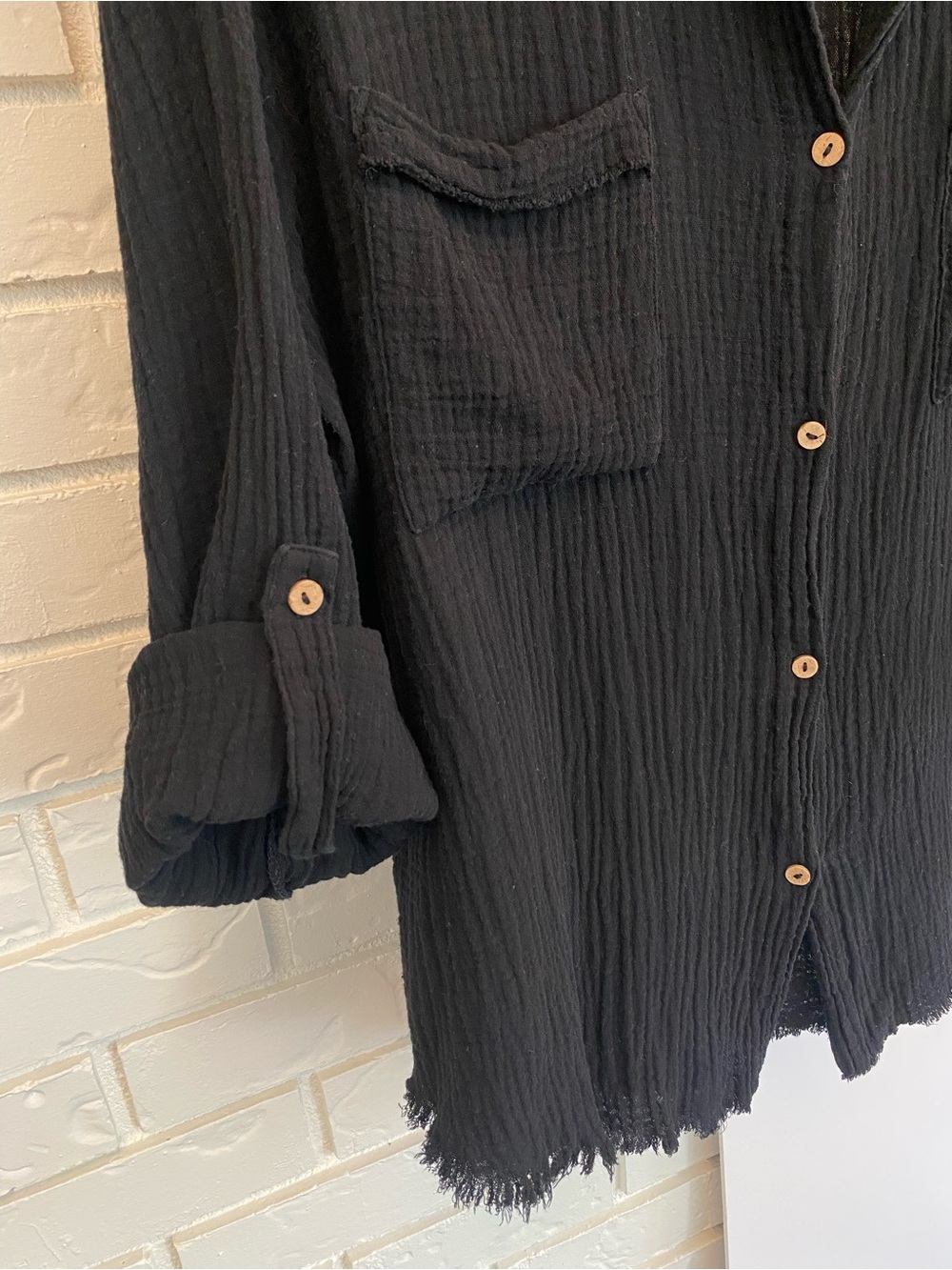 100% Cotton Gauze Zenana Button Down Shirt Large Raw Hem Oversized Boho Zenana - Picture 3 of 11